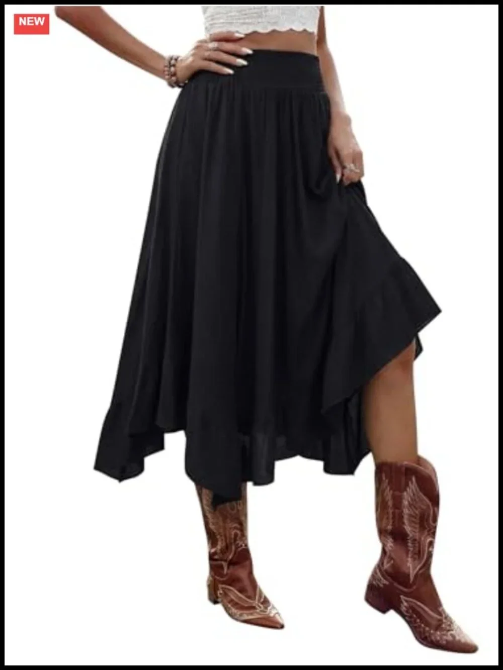 Women's Western Cowgirl Asymmetrical High Low Midi Skirt with Ruffles